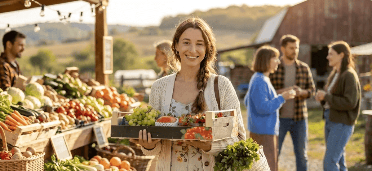 A smiling woman holding a crate of fresh vegetables at an outdoor farm market